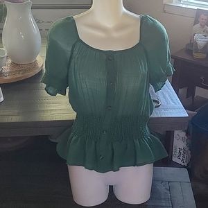 NWOT Crescent & Willough Green puff Sleeve blouse Size L